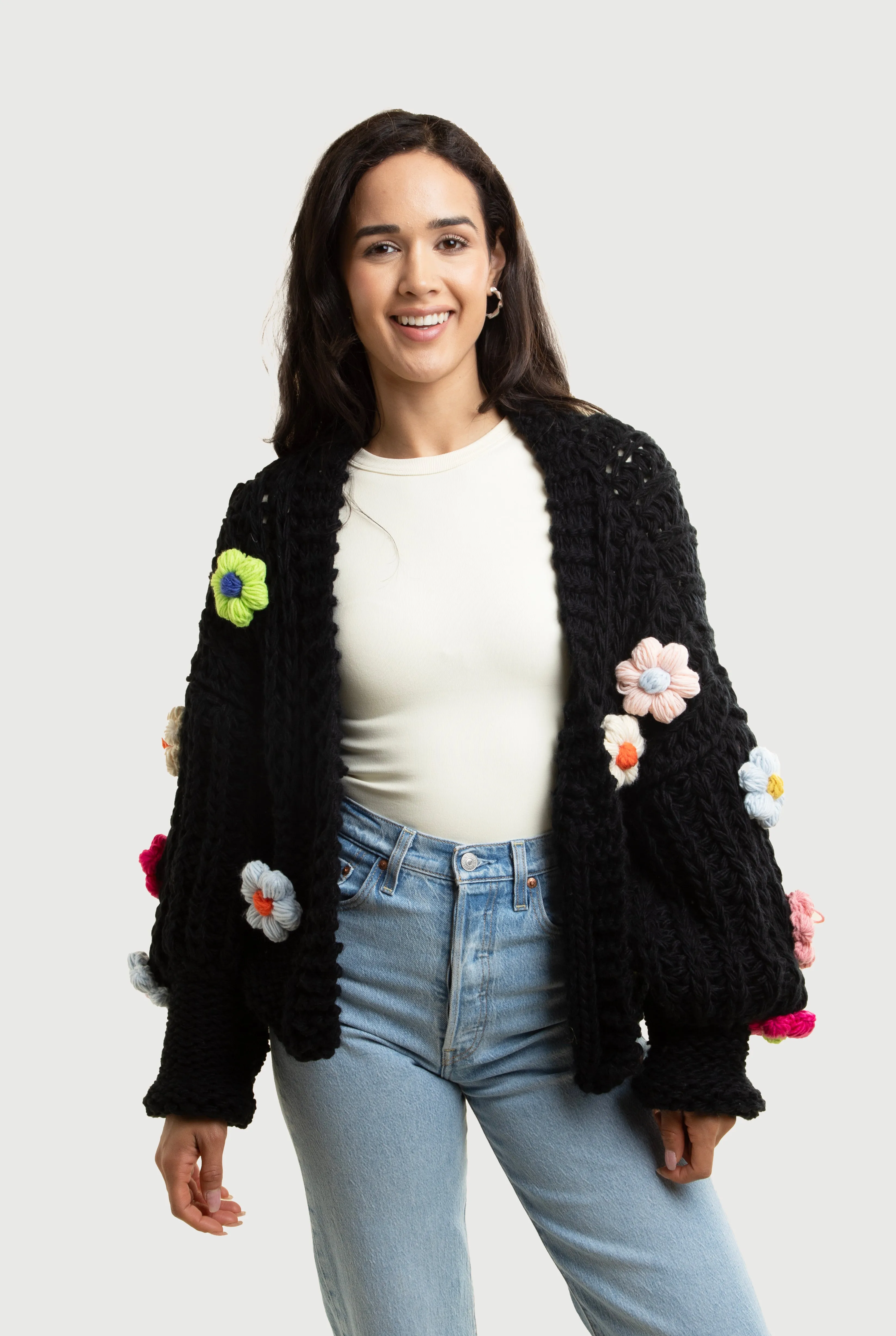 Appliqué Knit Floral Cardigan With Buttons