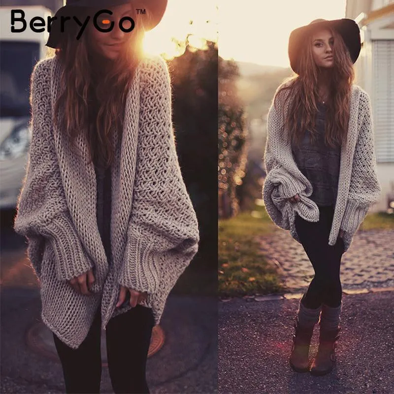 BerryGo batwing sleeve knitted cardigan sweaters women Fashion oversized shrug sweater Autumn winter warm long sweater jumpers