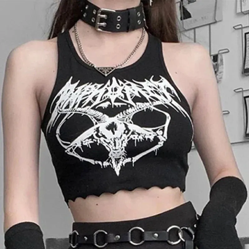 Black Goat Goth O-neck Knitted Head Sexy Sleeveless Punk Print Summer Crop Grunge Top