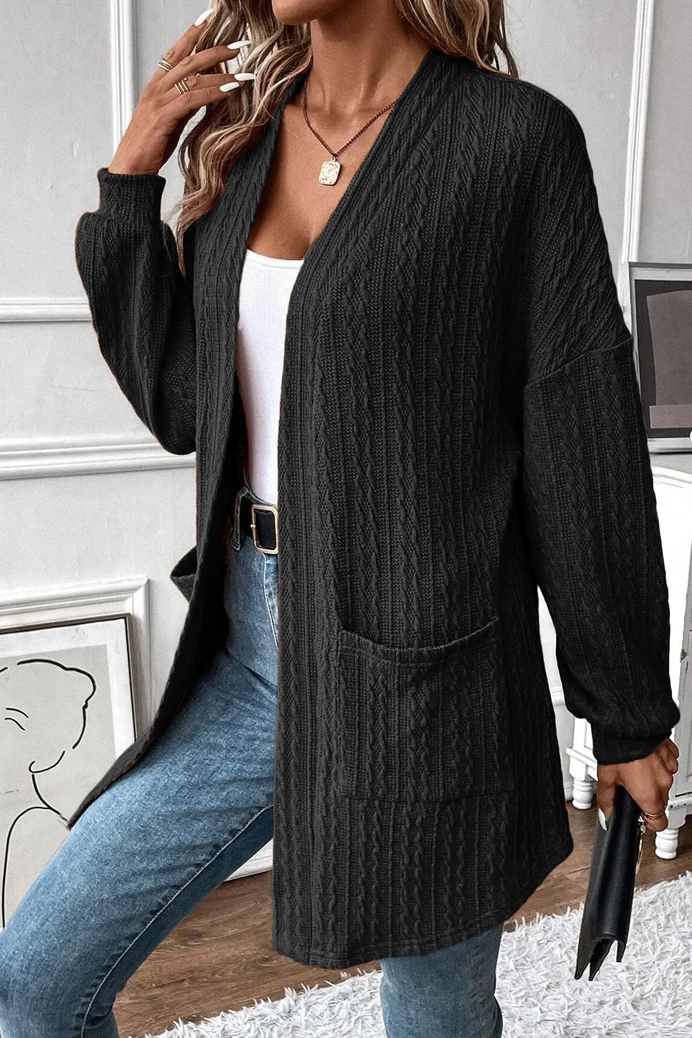 Black Textured Knit Side Pockets Open Front Cardigan