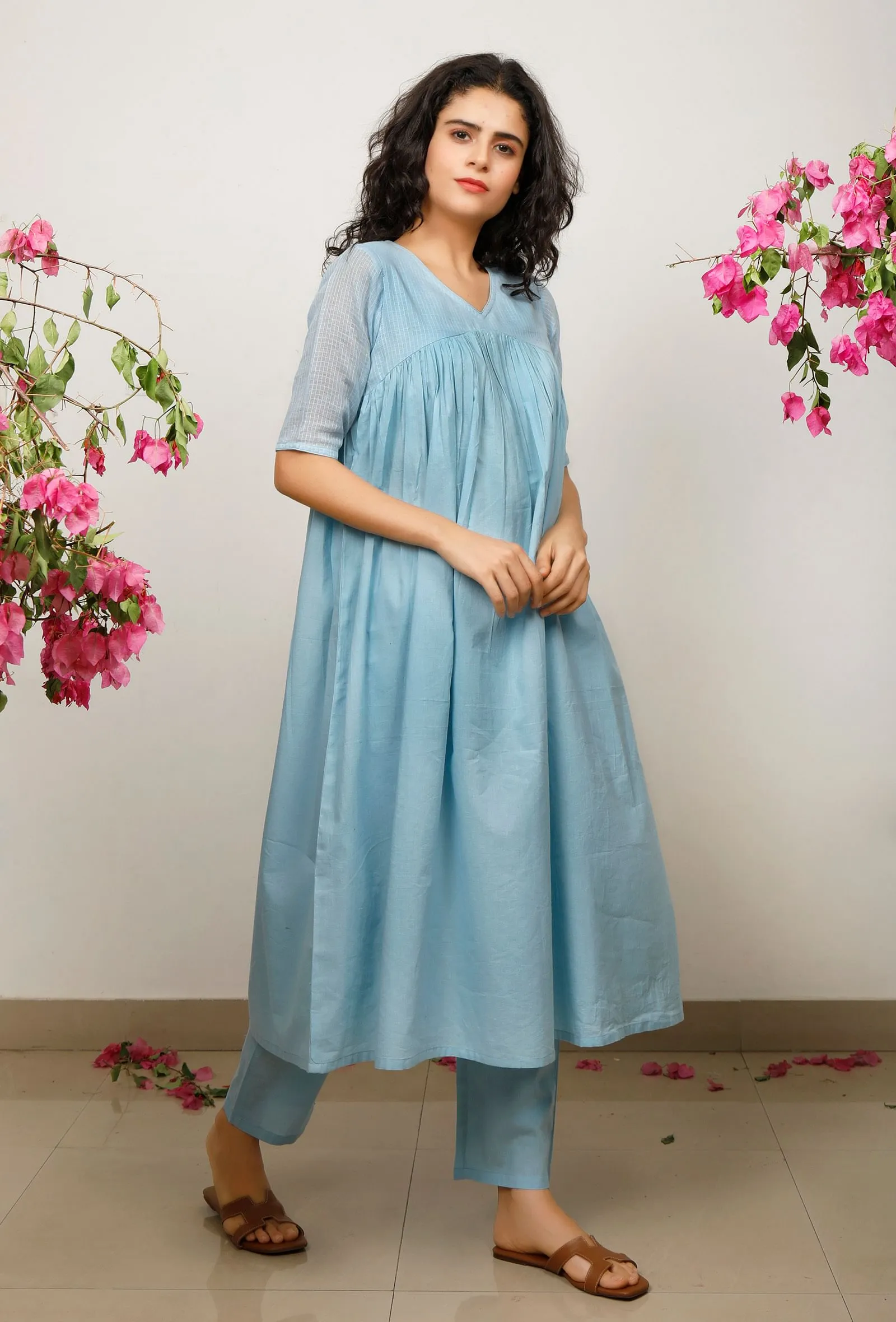 Blue Kota Cotton Gathered Kurta