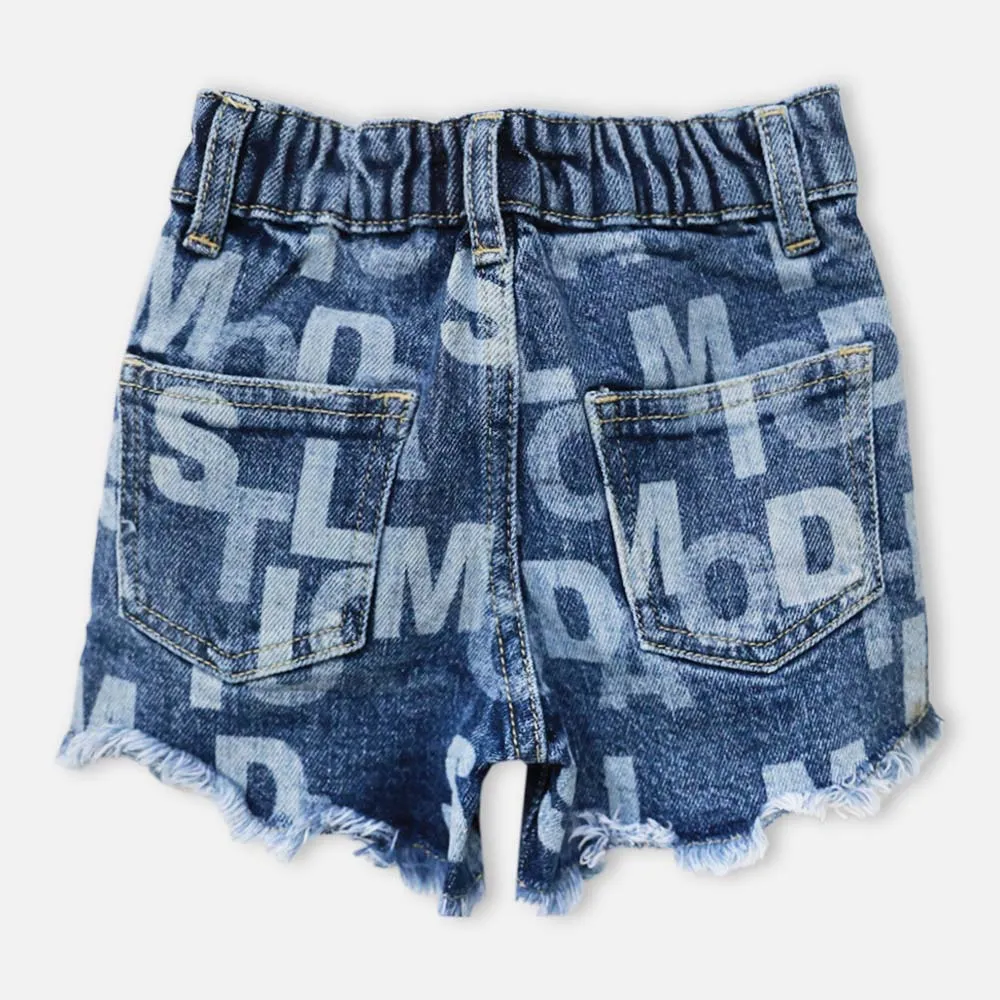 Blue Typographic Printed Raw Hem Denim Shorts