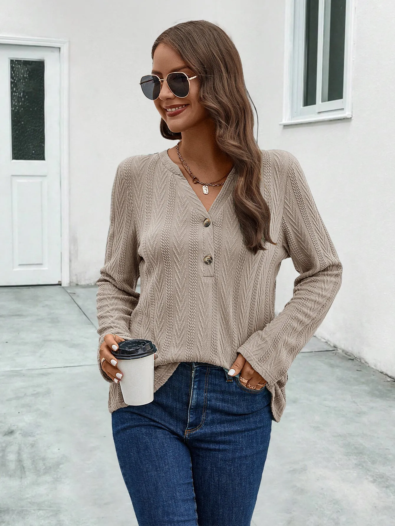 Button-Knit Sweater Long Sleeve Textured Tops Wholesale Womens Clothing N3824062800051