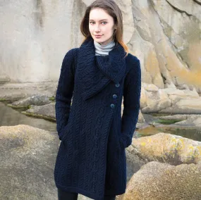 Chunky Collar Aran Knit Coat- Navy