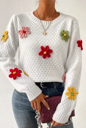 Crochet Flower Round Neck Sweater