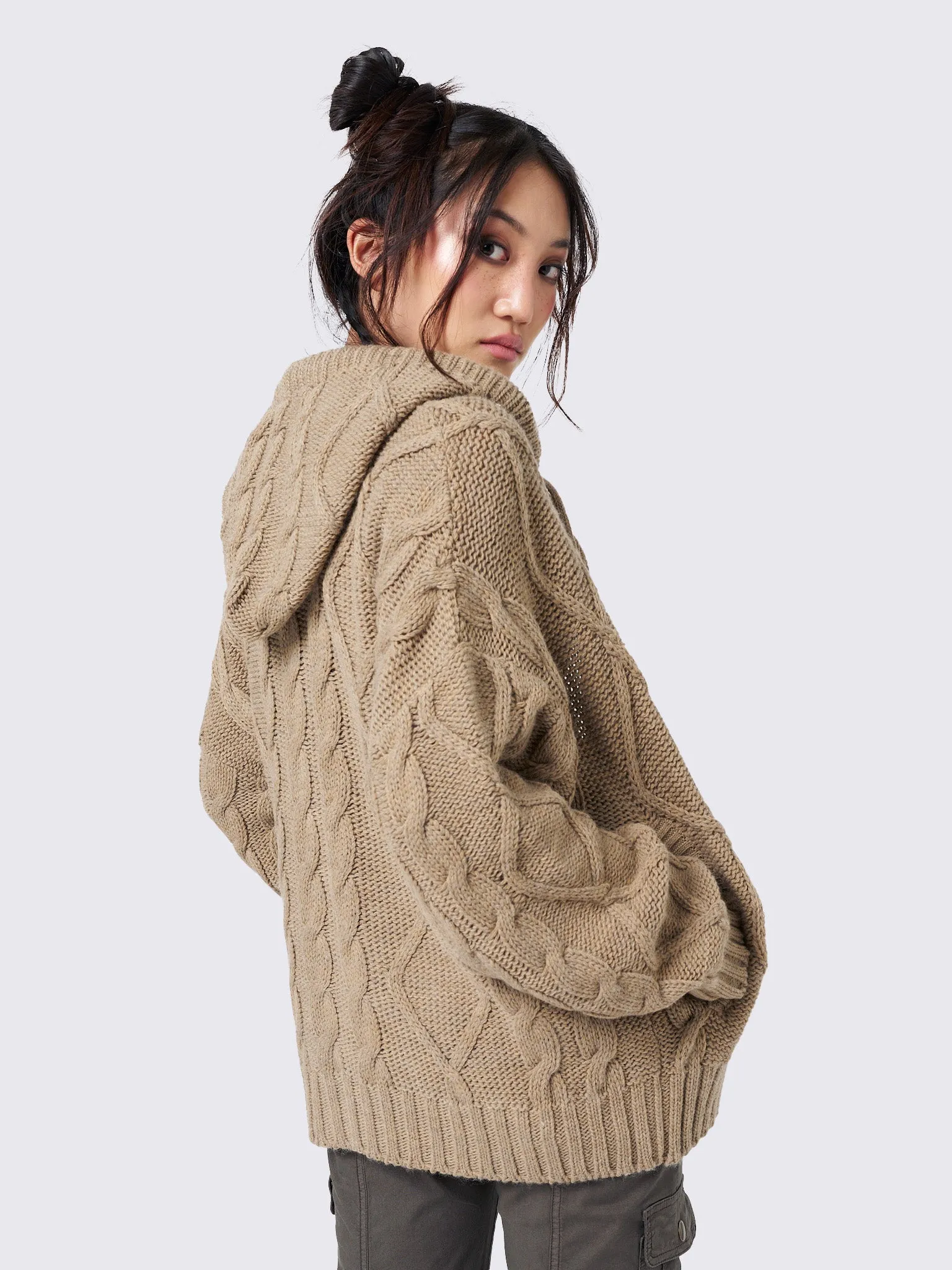 Eli Beige Zip Up Cable Knit Cardigan