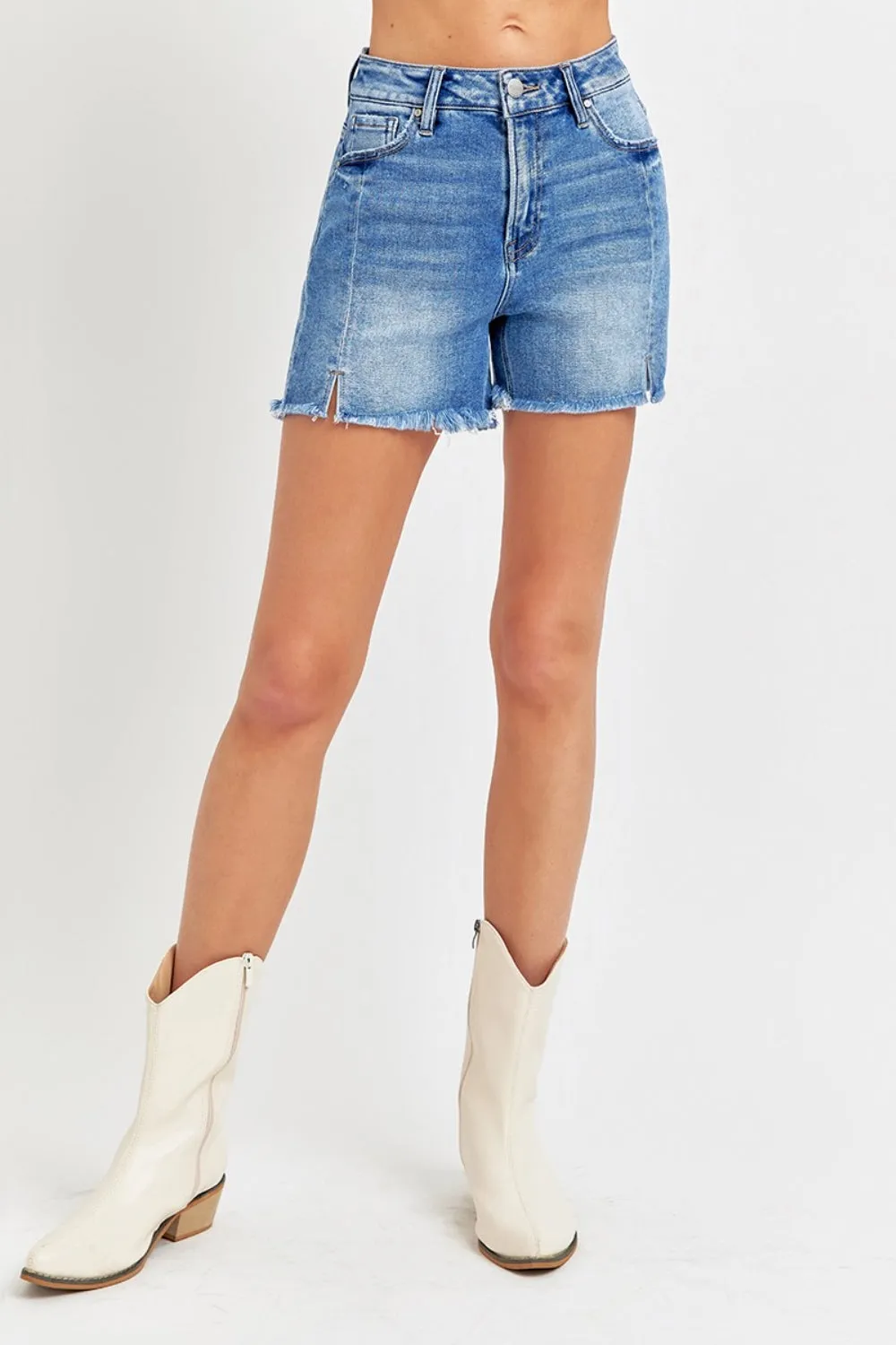 Front Slit Raw Hem Denim Shorts