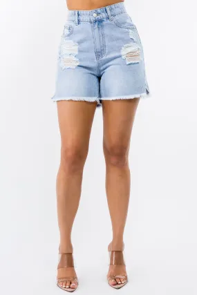 High Waist Distressed Raw Hem Denim Shorts