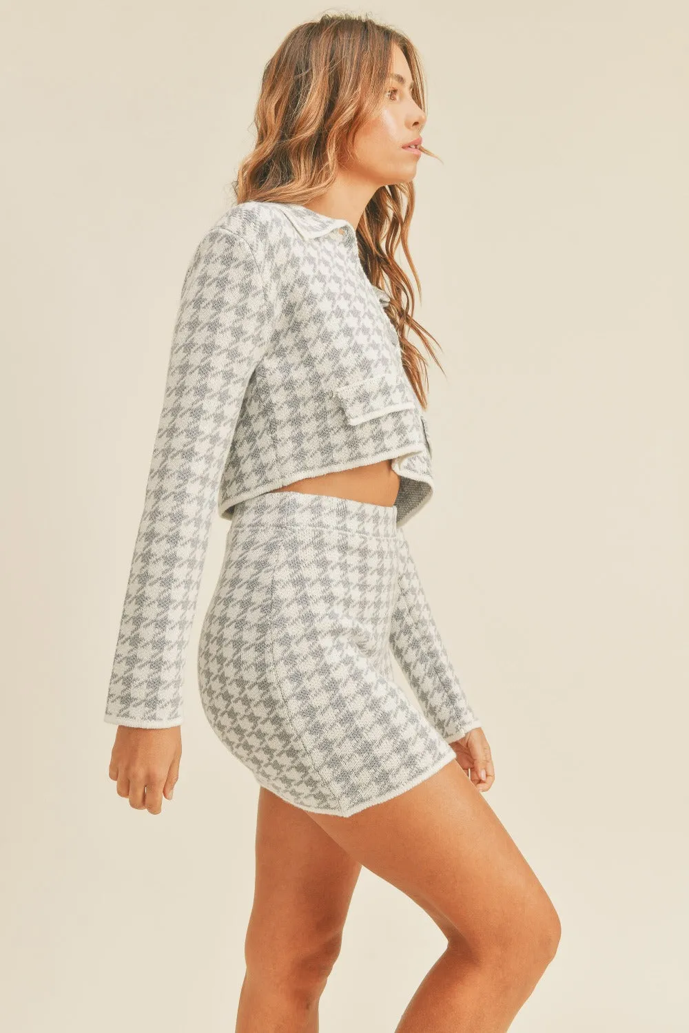 Houndstooth Cropped Knit Cardigan and Mini Skirt Set