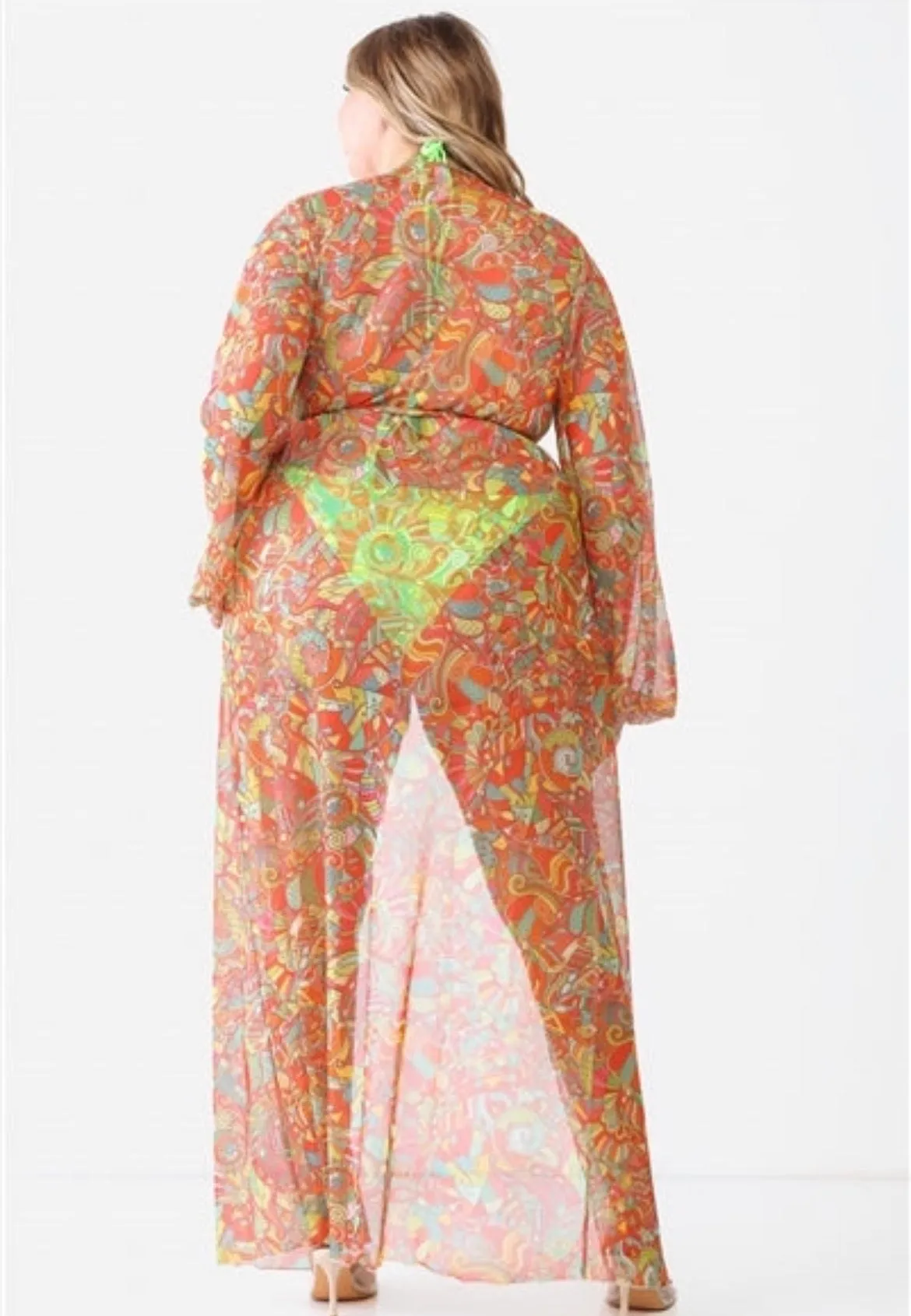 Junior Plus Multicolor Paisley Open Front Long Sleeve Kimono / Cover Up