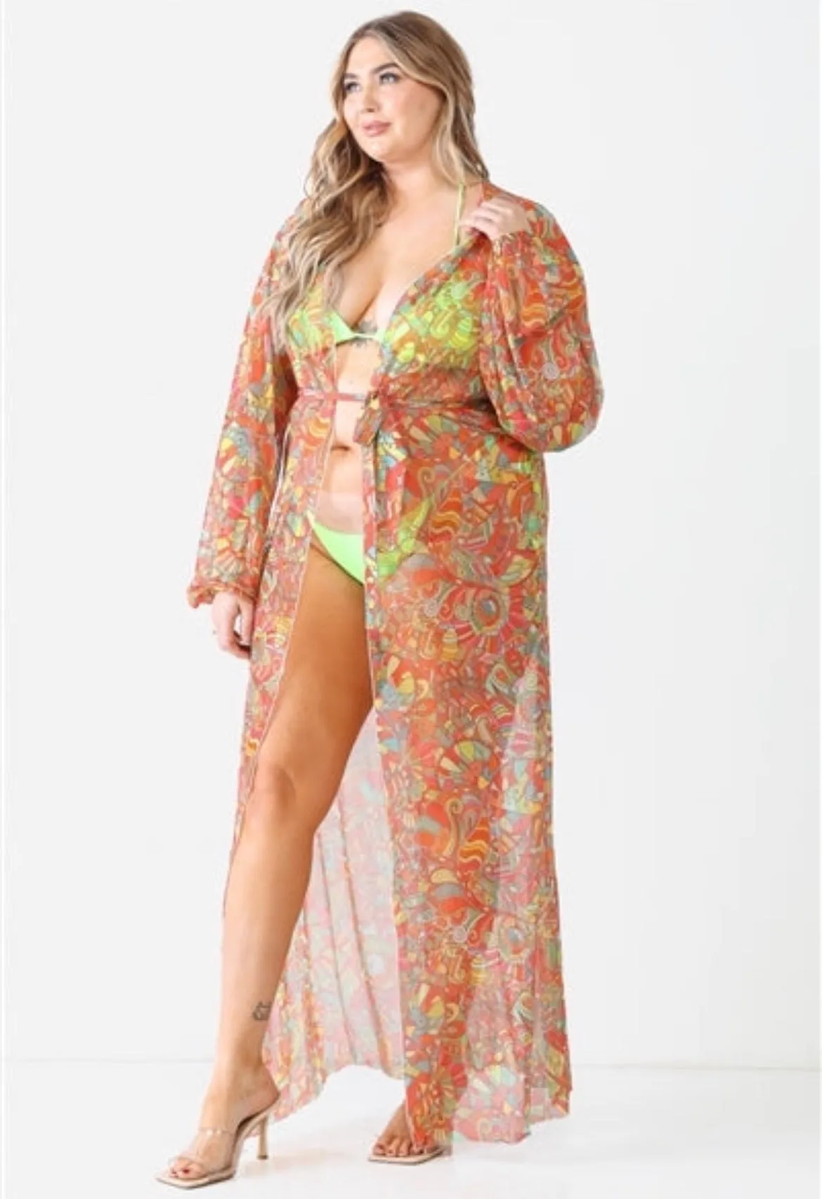 Junior Plus Multicolor Paisley Open Front Long Sleeve Kimono / Cover Up