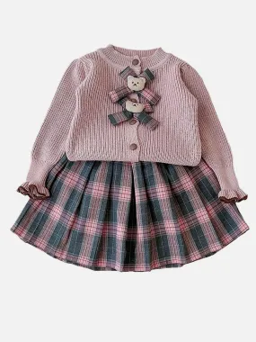 Little Surprise Box 2pcs Pink checks cardigan/Skirt Winterwear set for Girls with Teddy Clips