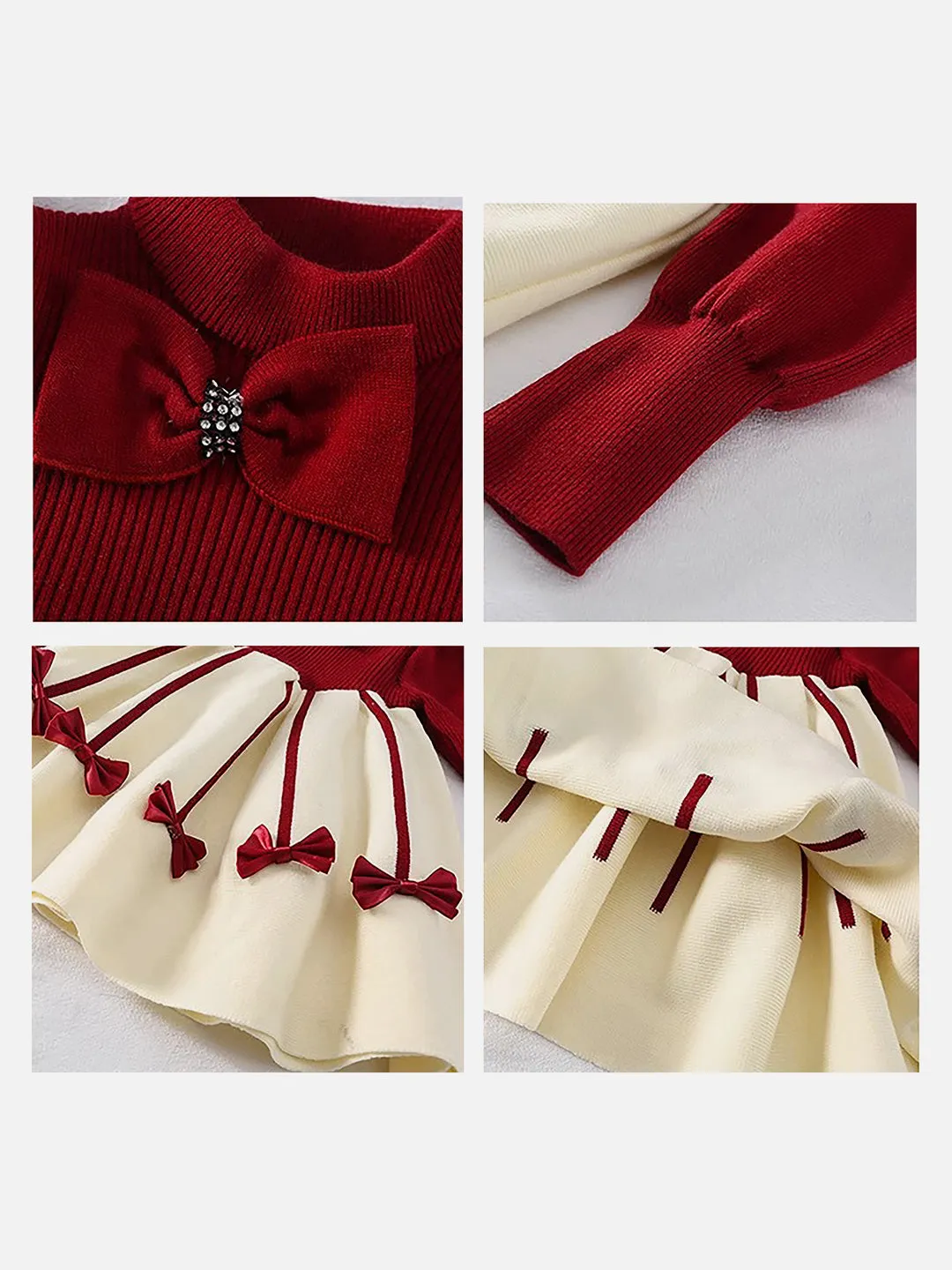 Little Surprise Box Maroon & Cream Little Bow patterned Knitted Frock Winterwear with matching hair clip for girls