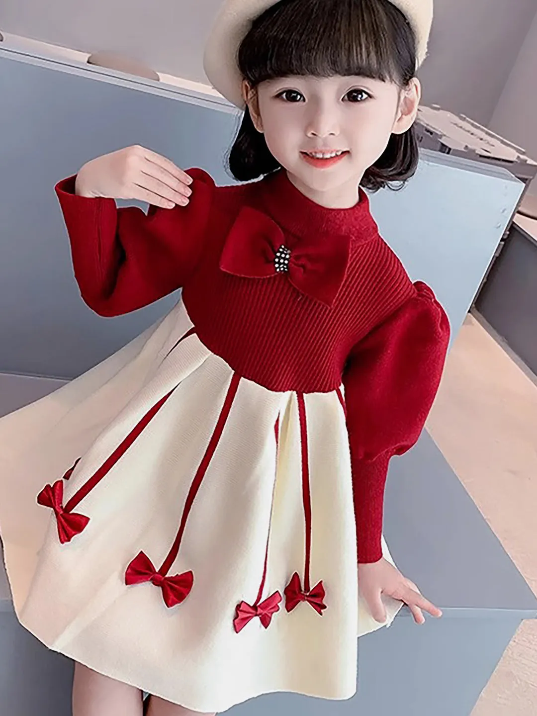 Little Surprise Box Maroon & Cream Little Bow patterned Knitted Frock Winterwear with matching hair clip for girls