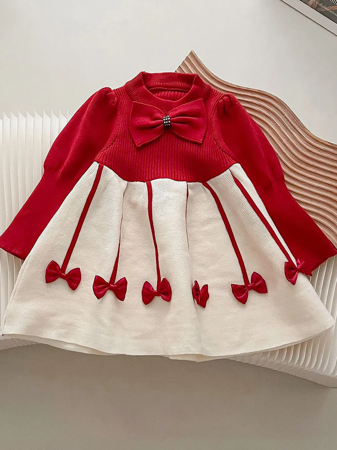 Little Surprise Box Maroon & Cream Little Bow patterned Knitted Frock Winterwear with matching hair clip for girls