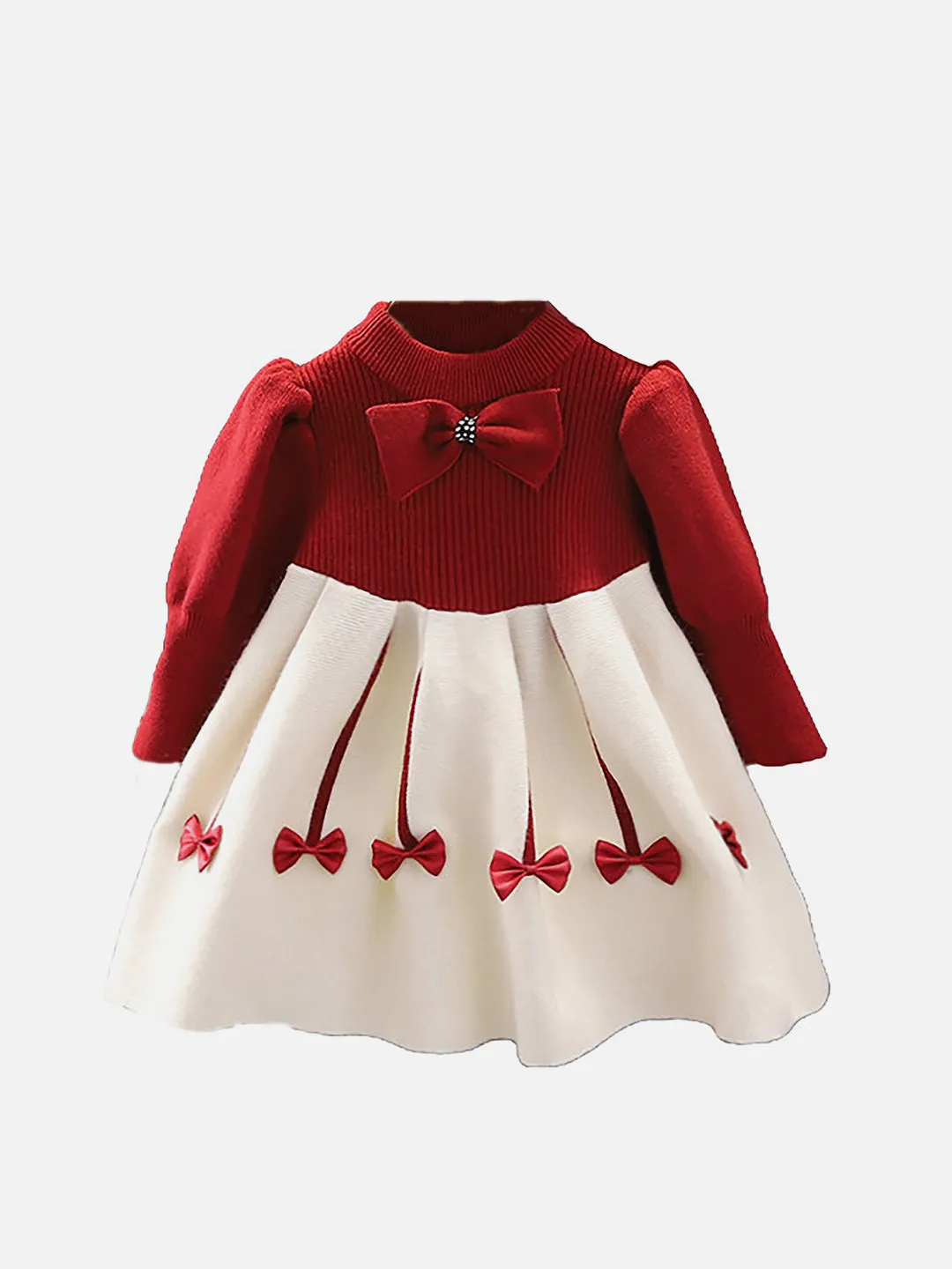 Little Surprise Box Maroon & Cream Little Bow patterned Knitted Frock Winterwear with matching hair clip for girls