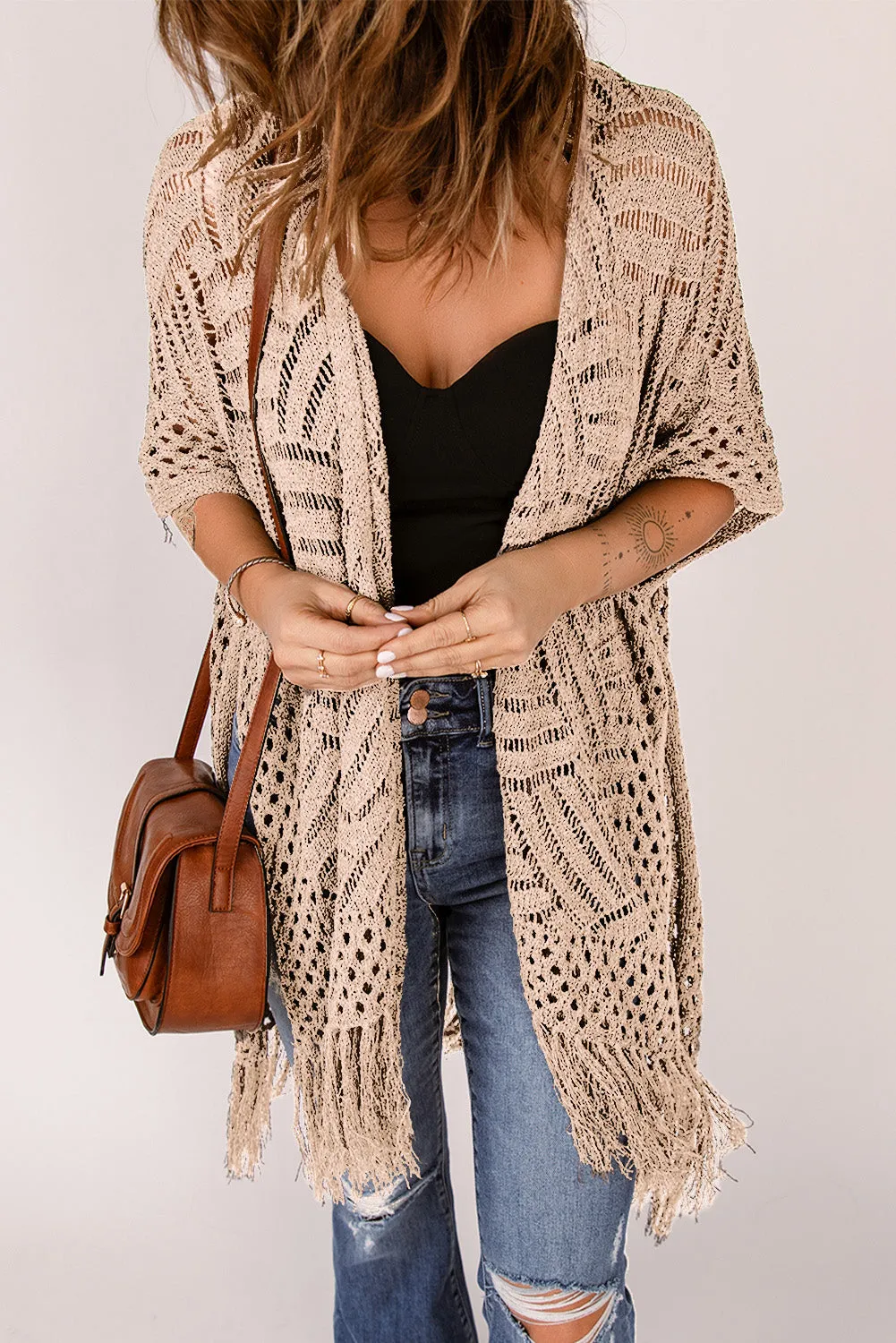 Openwork Open Front Cardigan with Fringes