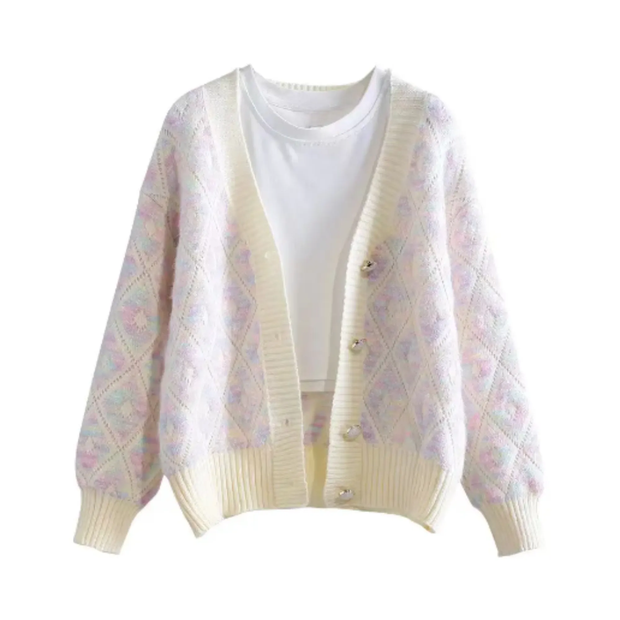 Pre Order:  Soft Hues Argyle Knit Cardigan