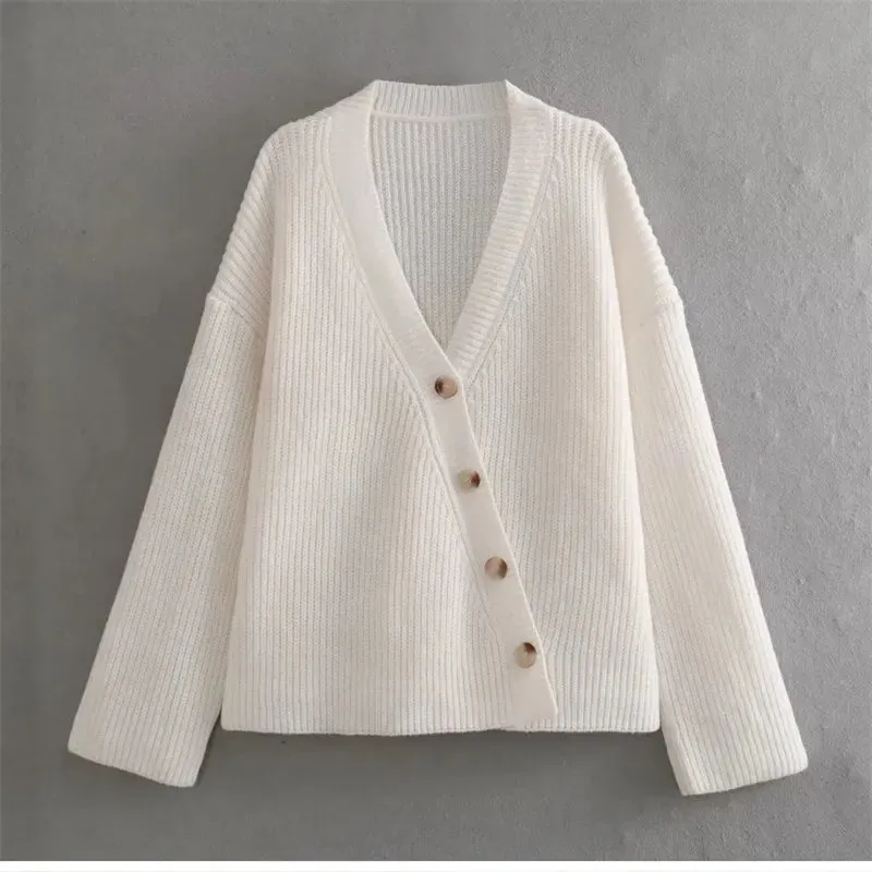 Pre Order:  White Knitted V-Neck Cardigan Sweater