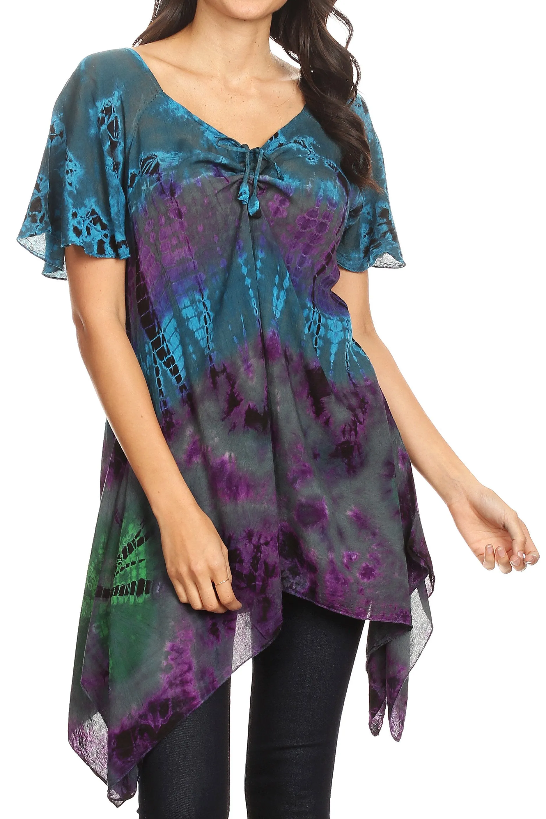 Sakkas Daniela Womens Short Sleeves Loose Tie Dye Blouse Top Tunic Asymmetrical