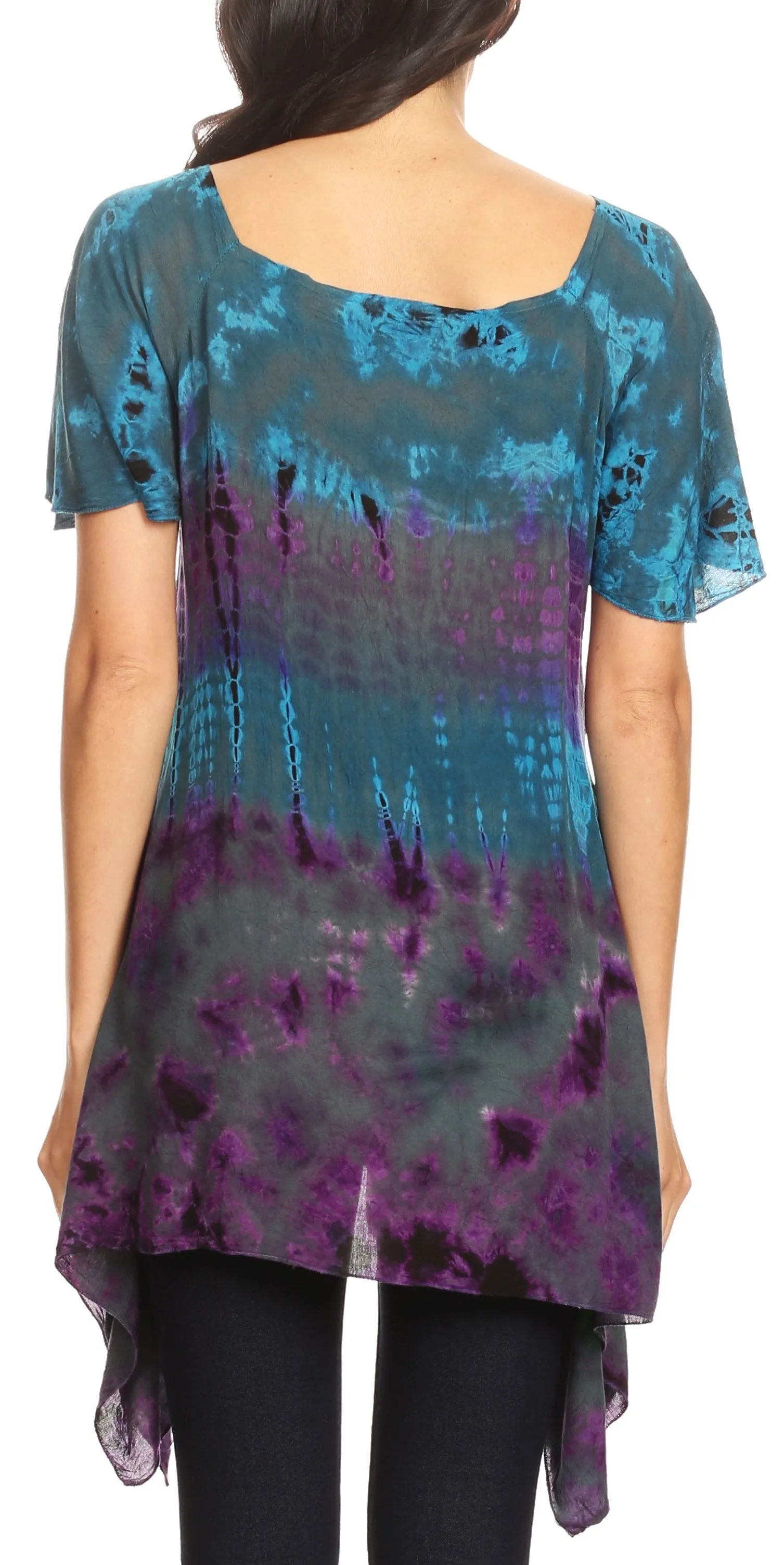 Sakkas Daniela Womens Short Sleeves Loose Tie Dye Blouse Top Tunic Asymmetrical