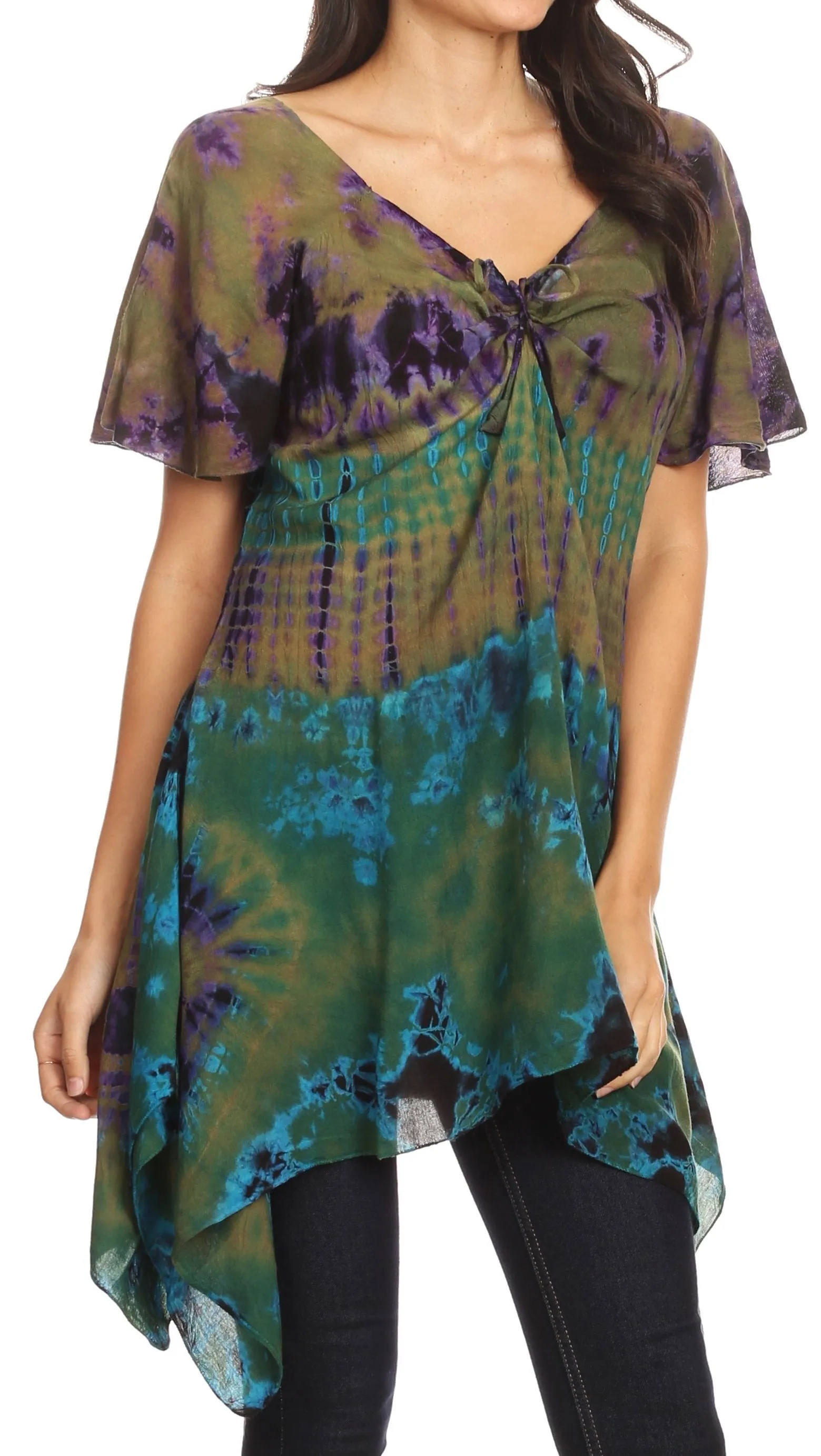 Sakkas Daniela Womens Short Sleeves Loose Tie Dye Blouse Top Tunic Asymmetrical