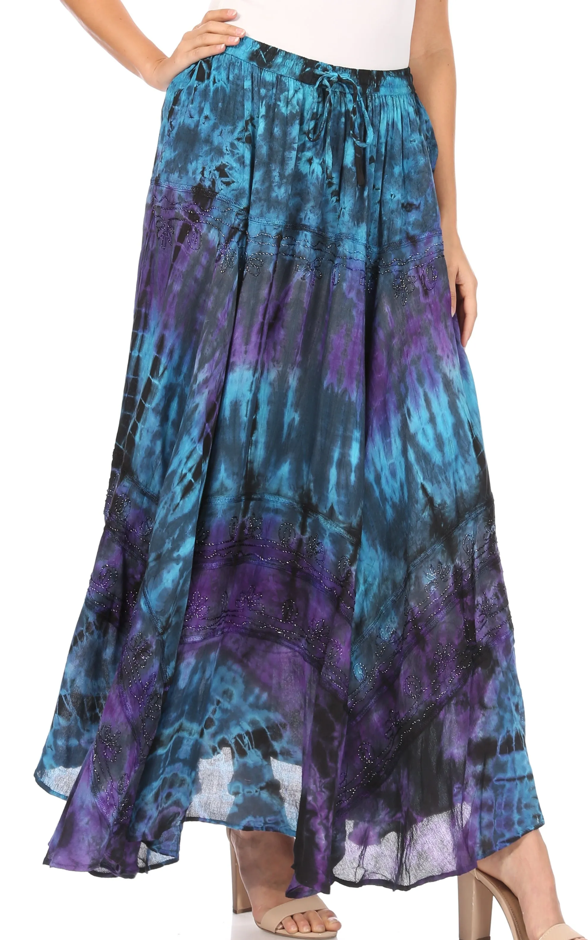 Sakkas Ester Womens Simple  Boho Maxi Full circle Tie-dye Skirt with Elastic Waist