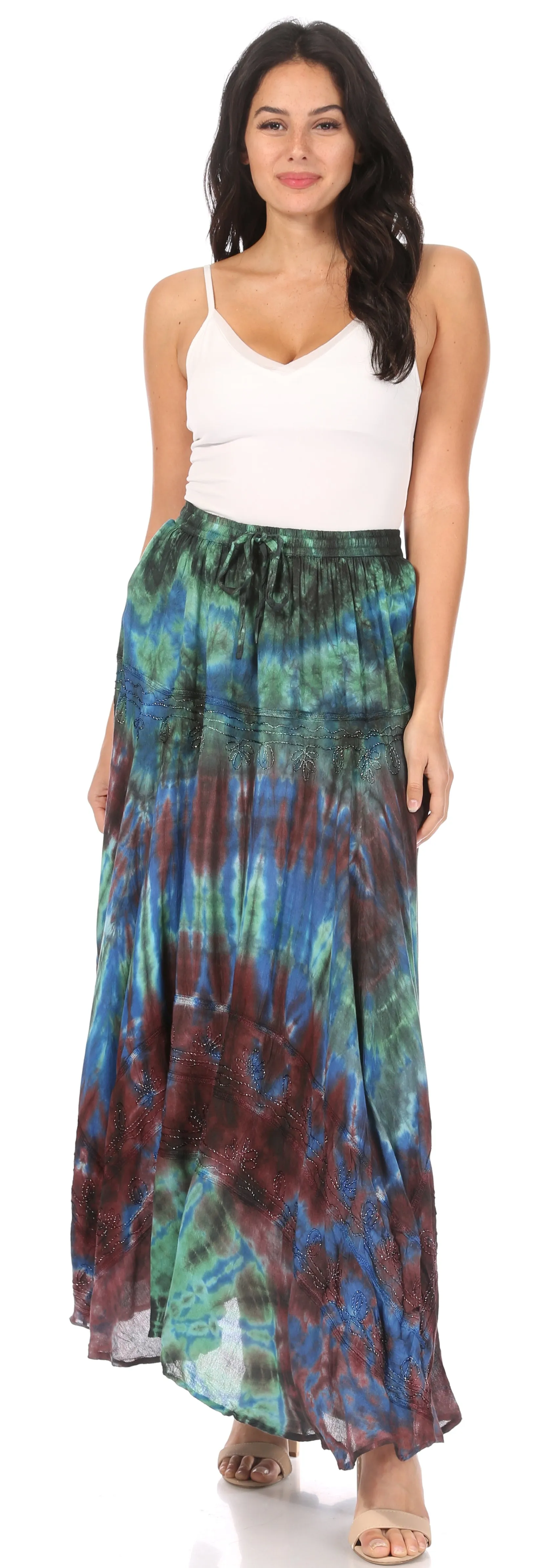 Sakkas Ester Womens Simple  Boho Maxi Full circle Tie-dye Skirt with Elastic Waist