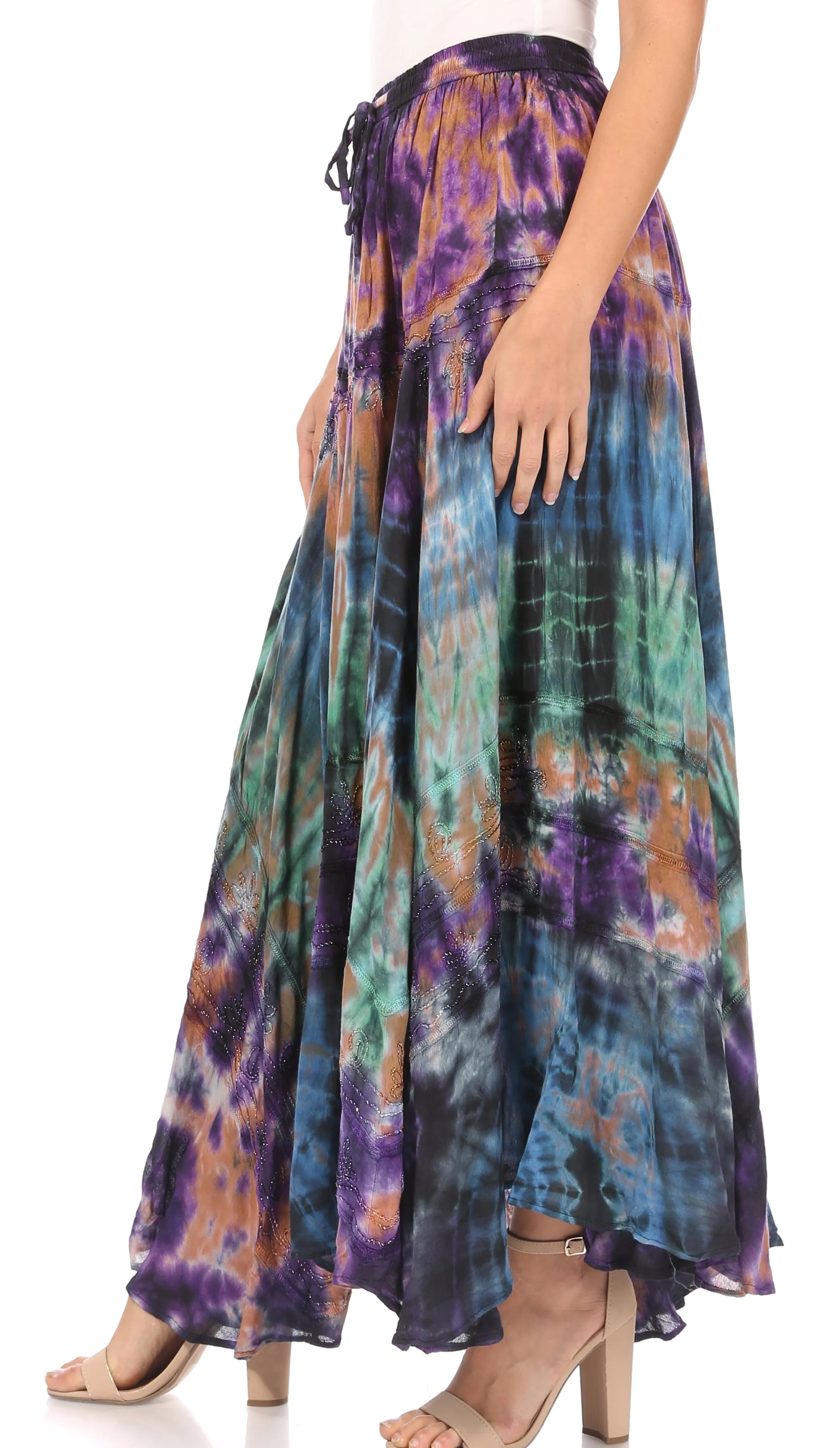 Sakkas Ester Womens Simple  Boho Maxi Full circle Tie-dye Skirt with Elastic Waist