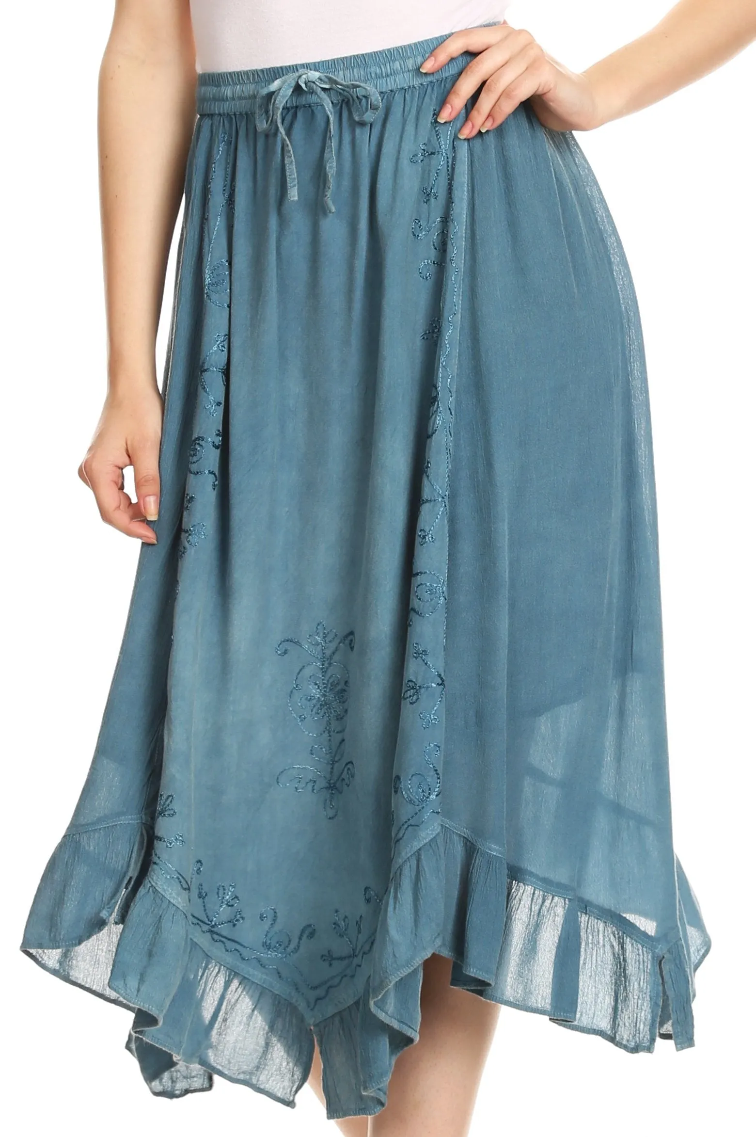 Sakkas Lucia Handkerchief Ruffled mid Length Casual Skirt with Embroidery