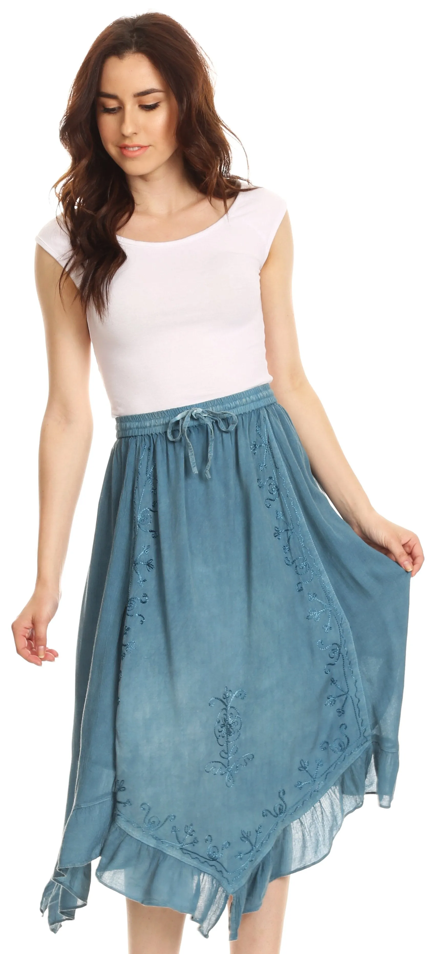 Sakkas Lucia Handkerchief Ruffled mid Length Casual Skirt with Embroidery