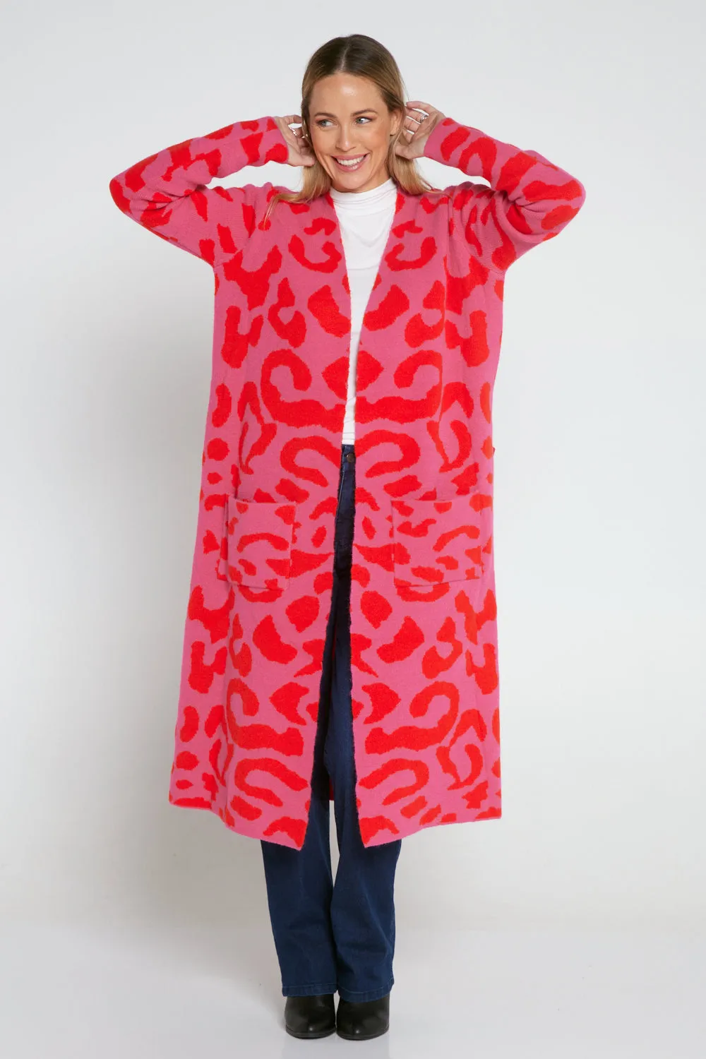 Swift Wraparound Oversized Tie Waist Cardigan - Pink/Red Cheetah Print