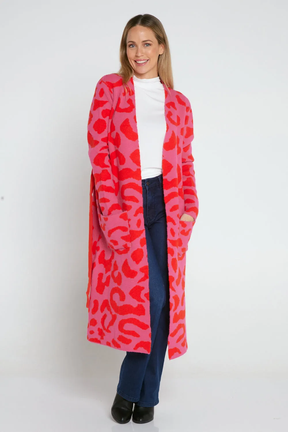 Swift Wraparound Oversized Tie Waist Cardigan - Pink/Red Cheetah Print