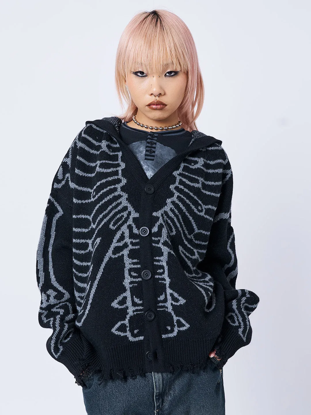 X-Ray Jacquard Black Hooded Knit Cardigan