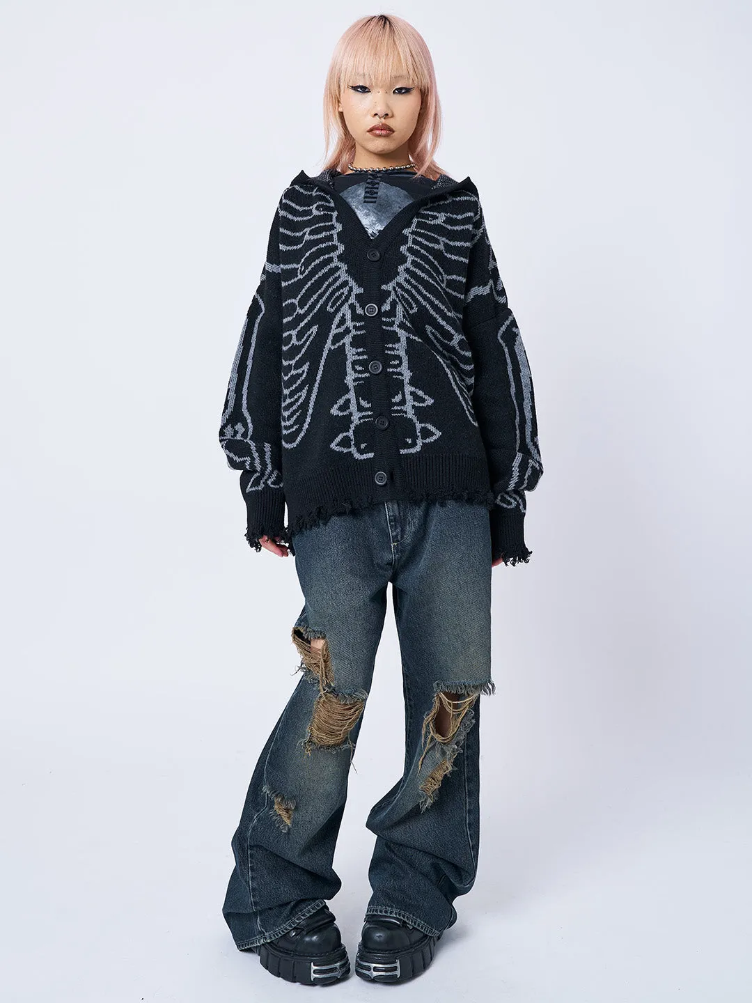 X-Ray Jacquard Black Hooded Knit Cardigan